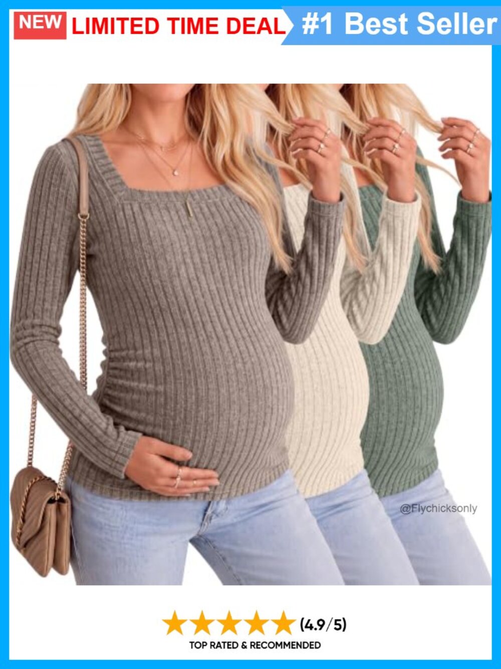 Maternity Ribbed Long Sleeve Sweaters 3 Pack Slim Fit Square Neck Ruching